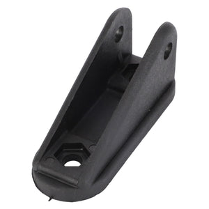 The AGCO Support - 3385440M1 is a black, U-shaped plastic bracket featuring two mounting holes on the top flanges and a hexagonal recess in the base, compatible with Valtra machinery.