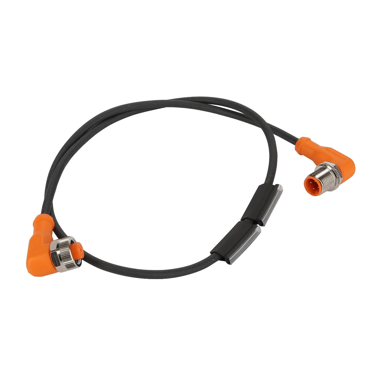 Image of the AGCO | CABLE - ACP0533540, featuring an orange right-angle M12 connector cable with a black flexible covering, designed with durable metal threads at both ends.