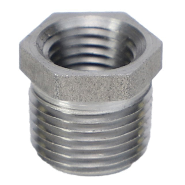 The AGCO PIPE COUPLER - AG557080, a metal hexagonal threaded bushing by AGCO, features external and internal threads, making it ideal for fitting or joining pipes and other components in mechanical or plumbing systems.