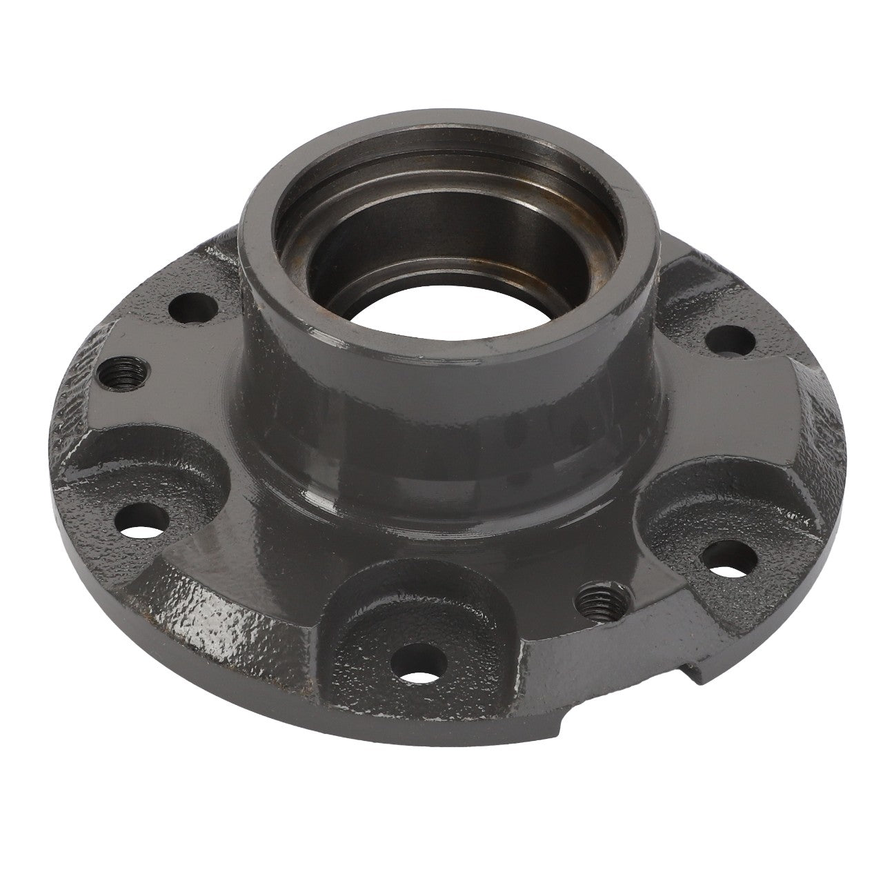 The AGCO Marker Hub - Acw3818020 is a metal mechanical part featuring a central circular opening, a flared base, and multiple bolt holes around its perimeter.