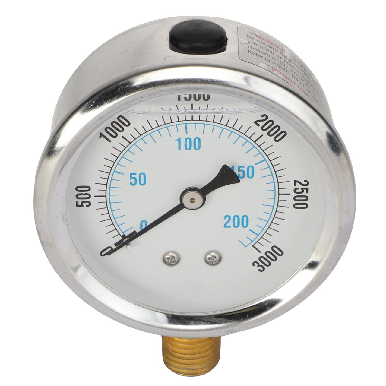 The AGCO | PRESSURE PLATE, RIGHT HAND - AG704048 by AGCO is a round dial pressure gauge with a white face, displaying measurements from 0 to 3000 psi. It features a black needle that currently points around 150 psi and includes a brass connector at the bottom. No additional product description information is available at this time.