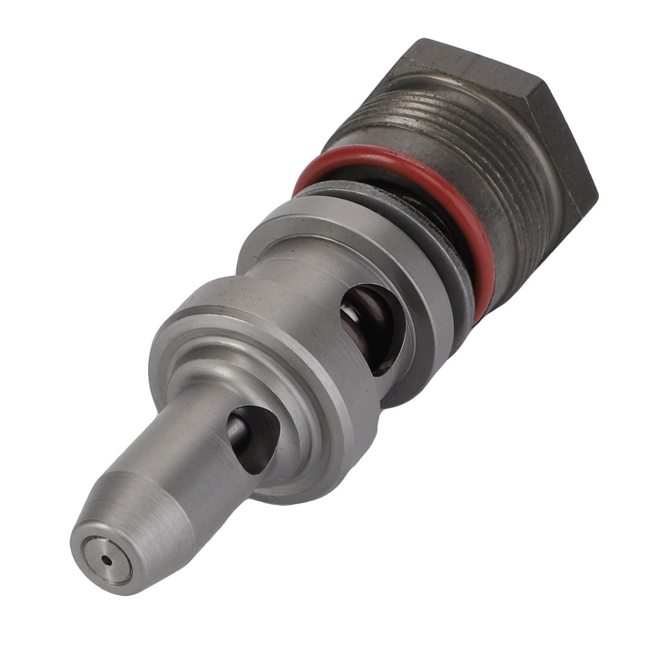 Close-up of the AGCO Valve - Acp0323890, featuring a metal hydraulic structure with a threaded end and a vibrant red O-ring, showcasing precision engineering by AGCO.