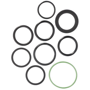 A set of nine circular rubber O-rings from the AGCO Seal Kit, Hydraulic Coupling - F514960100030, often used as seals or gaskets, in various sizes with one green O-ring among the black ones, arranged against a white background.