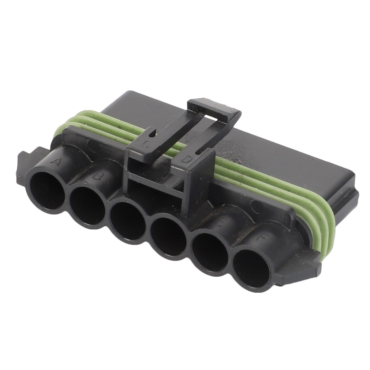 A six-pin electrical connector with black casing and green sealing rings, where each pin is labeled from A to F. The product is named AGCO | Socket Terminal - AG519697 and is manufactured by AGCO. There are no additional features available in the provided information.