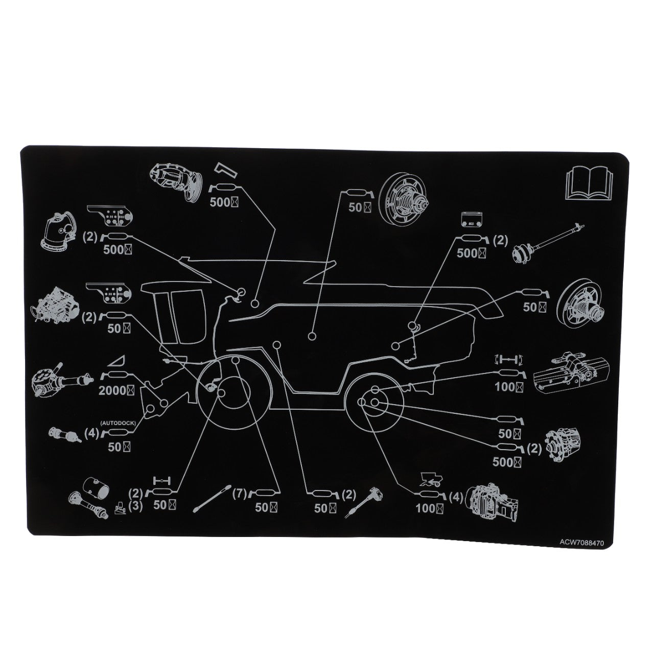 Diagram of a technical illustration showing various labeled parts of the AGCO machine or vehicle, specifically featuring the decal "Grease - Acw7088470" against a black background, with no further detailed information provided.