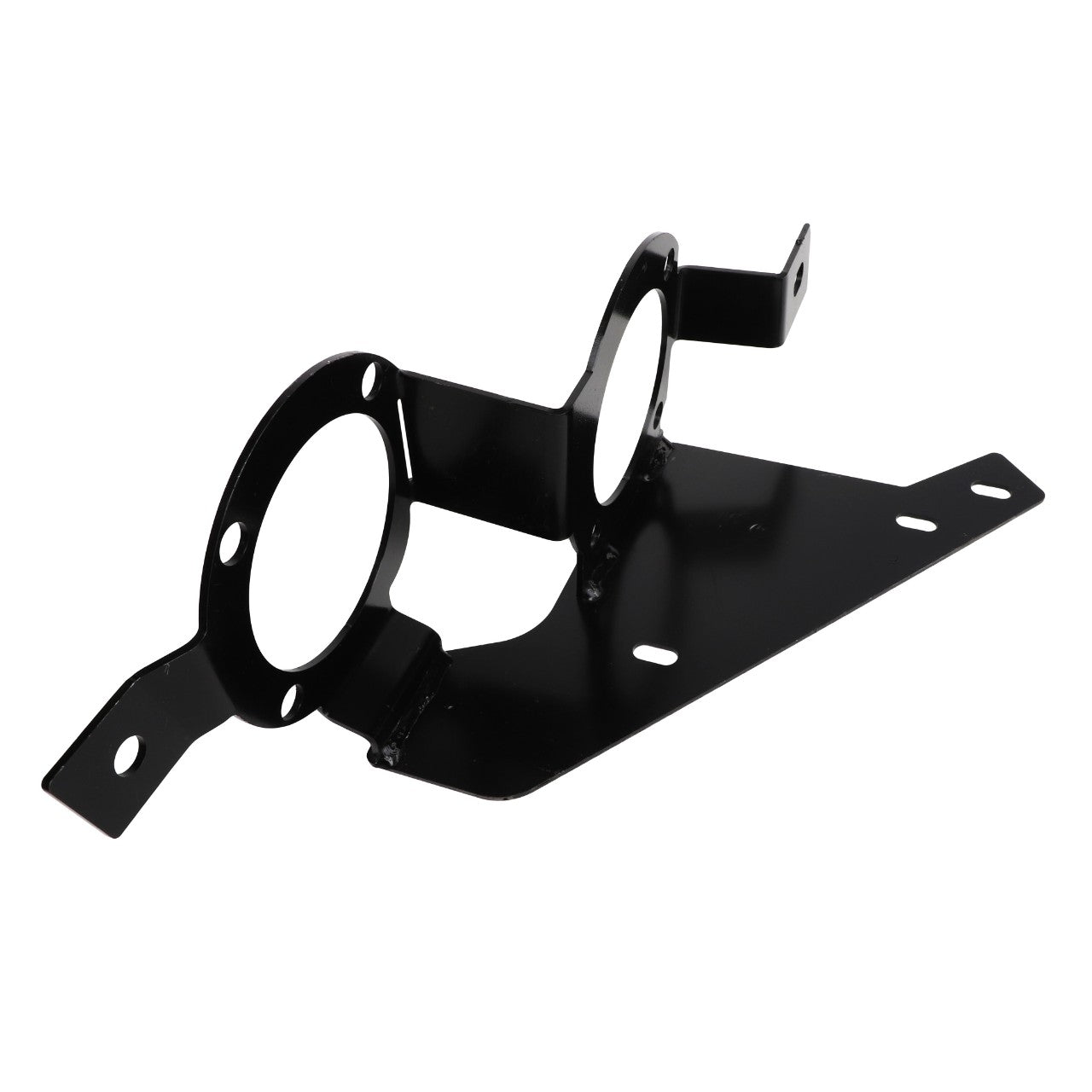 Introducing the AGCO Valance - Acw8771350, a black metal bracket featuring circular openings and mounting holes, designed for securing or holding components. Please note that no current product description information is available.