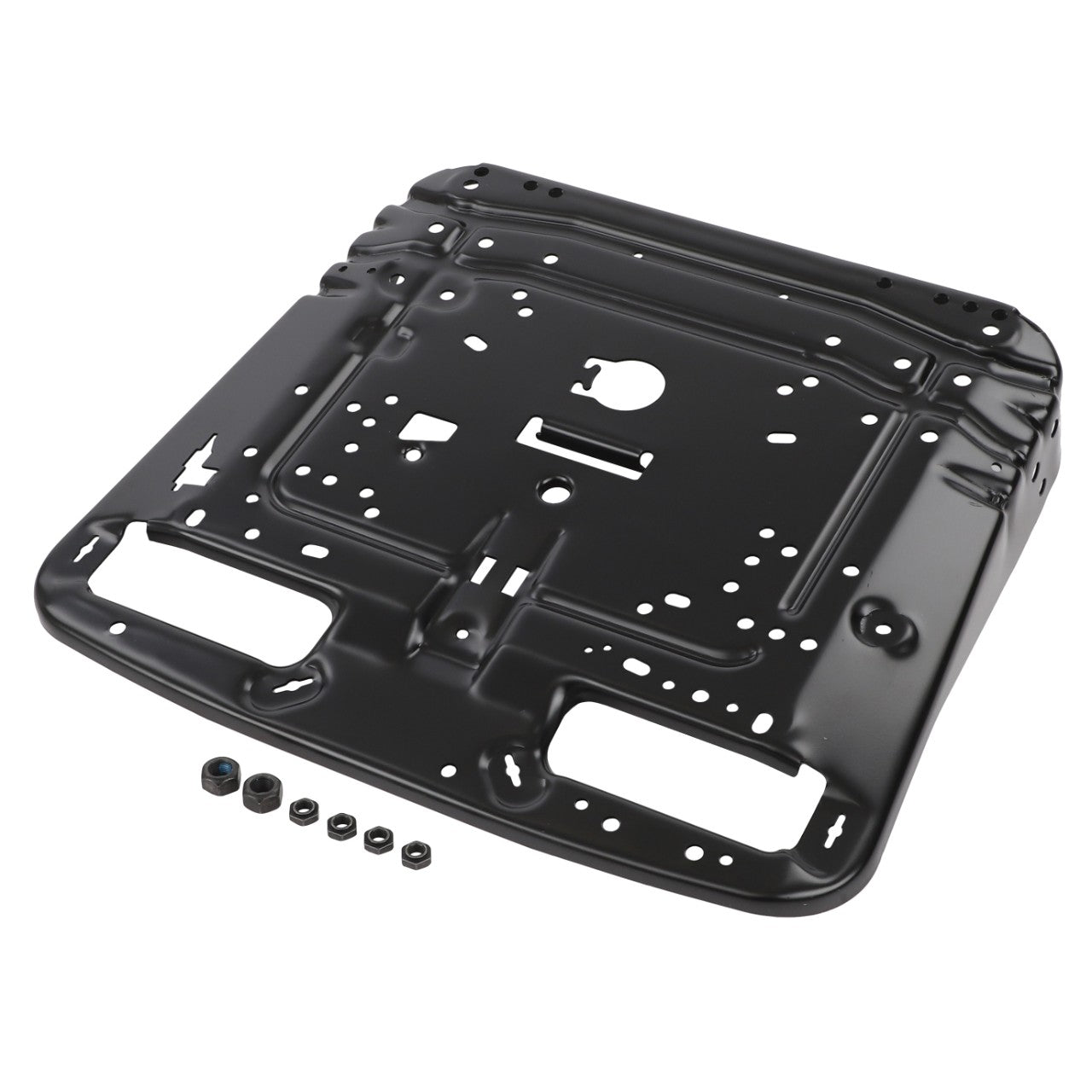 The AGCO Seat Plate - F524500033040, a black metal bracket with various holes and cutouts, is displayed on a white background. Beneath the bracket, five small black cylindrical components are carefully lined up.