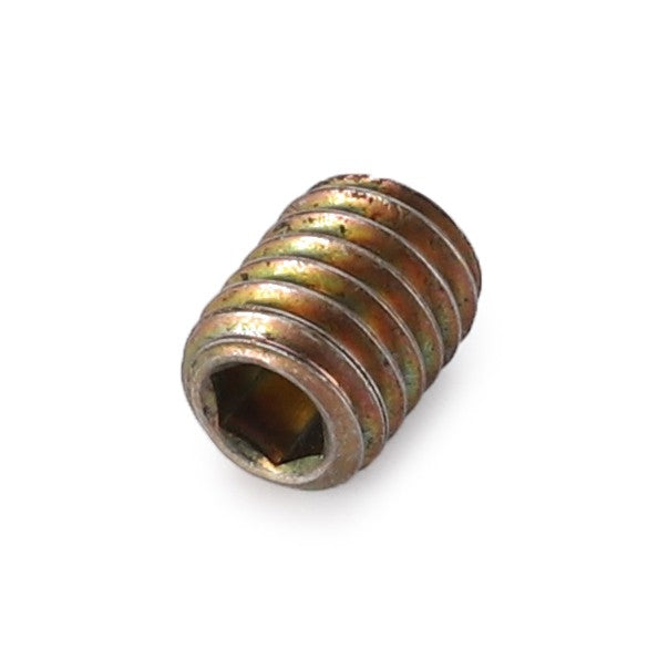 A cylindrical metallic set screw with a cup point socket head and spiral grooves, known as the AGCO | Cup Point Socket Head Set Screw - 3009351X1, by AGCO.