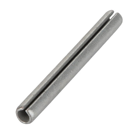 The AGCO Roll Pin - Acp0023160 is a sleek silver cylindrical metal pin that features a precise narrow slit running along its length.