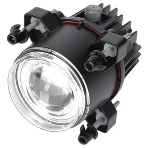 Close-up of the AGCO Headlamp - Acx2333710, a round, black automotive headlight assembly featuring a clear lens and multiple mounting brackets with screws.