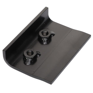 The AGCO | Plate - Acw0682100, by AGCO, is a black metal bracket that features two threaded holes positioned side by side. It also has a flat base and one raised edge. Currently, there are no specific product keywords available for this item.