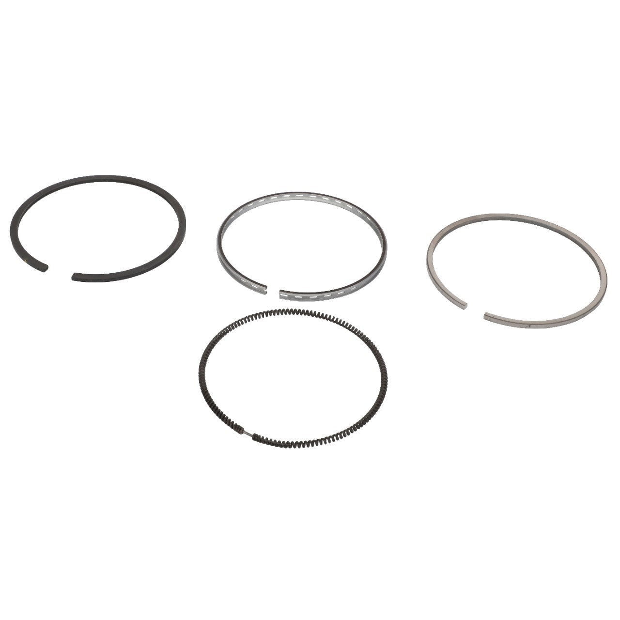 Four AGCO metal piston rings from the KIT, RING - 0.008.0052.6 are arranged in a horizontal line, each varying slightly in thickness and design. For any questions or assistance with ordering, please contact our support team. The background is white.