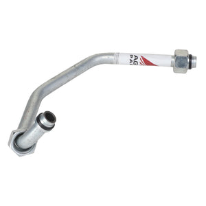 The AGCO | Pipe - Acw0487800, manufactured by AGCO, is a metal automotive pipe with a curved shape, featuring a threaded fitting on one end and a smaller connection on the other.