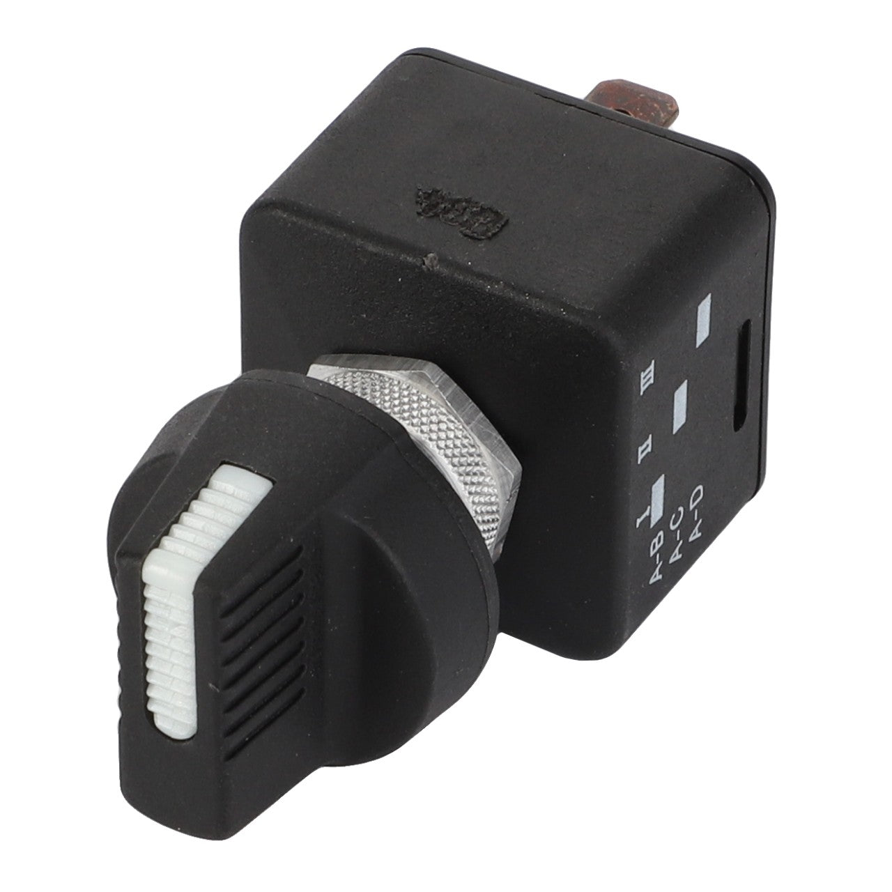 AGCO | ROTARY SWITCH - D26739329 is a black switch with a silver dial and white markings, featuring multiple settings on the side, suitable for various electronic or mechanical devices.