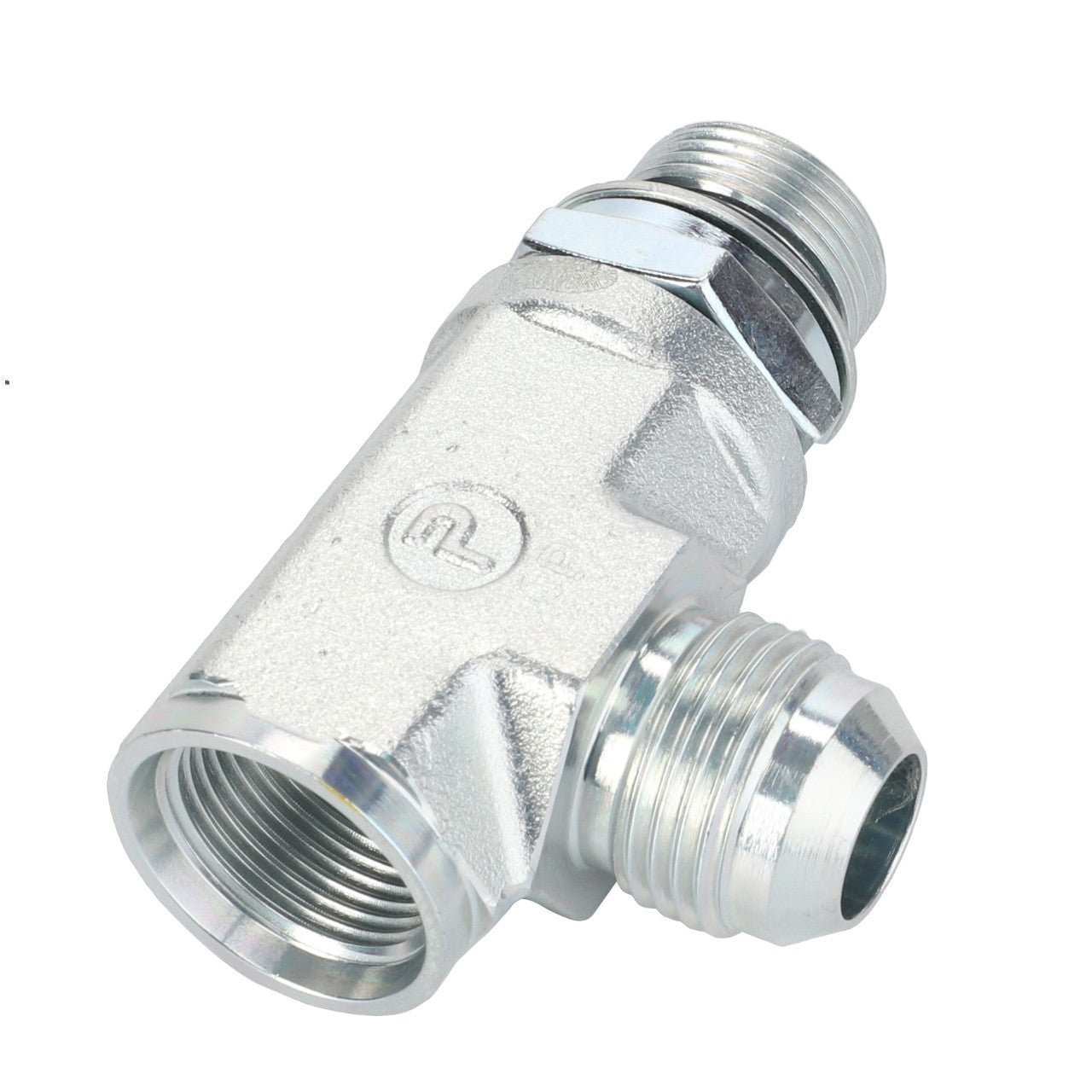 AGCO | Adapter - 3909610M1, a metal pipe fitting featuring three threaded openings, including a straight section and a right-angle branch. It has a silver finish, remains unused and clean, making it ideal for use with Massey Ferguson or Fendt models.