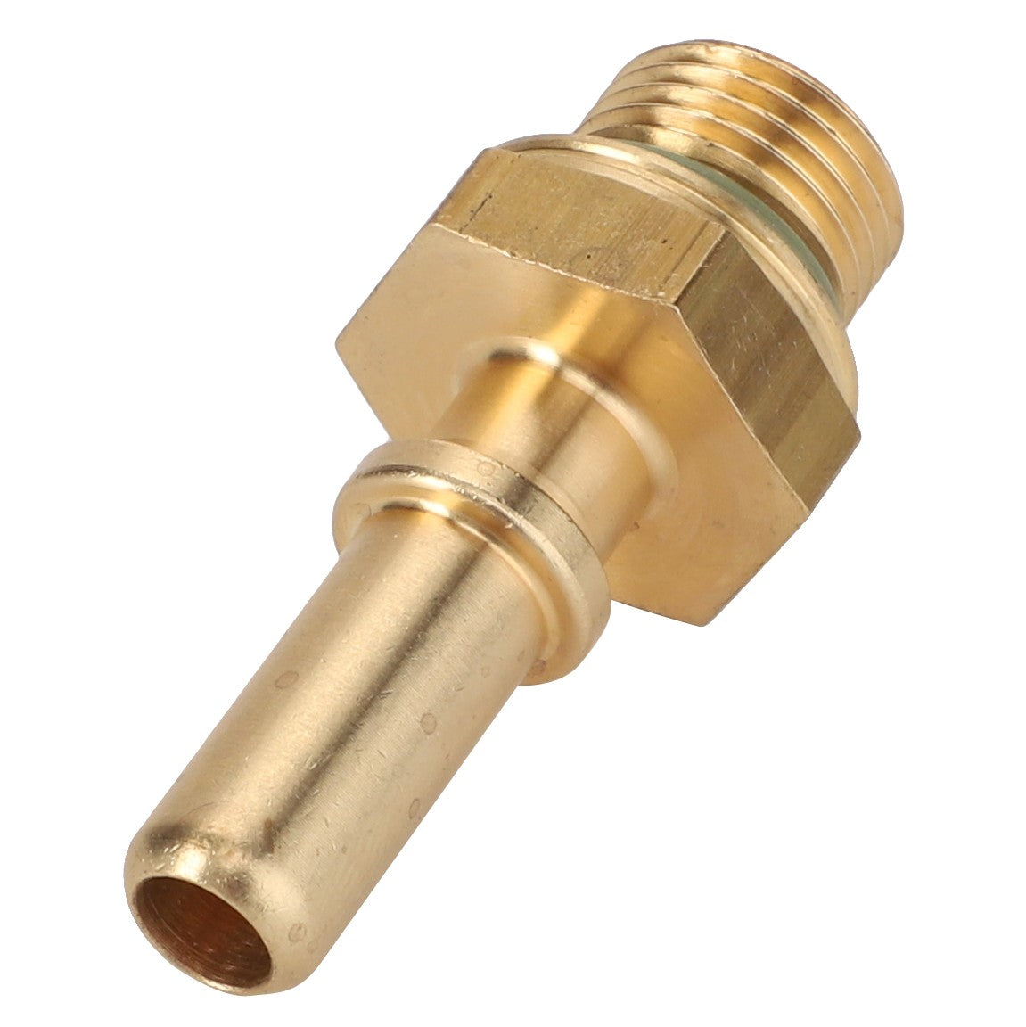 A close-up view of the AGCO Quick Connector - 4282082M1, a brass male flare fitting adapter featuring a hexagonal nut and threaded end. No current product description available.