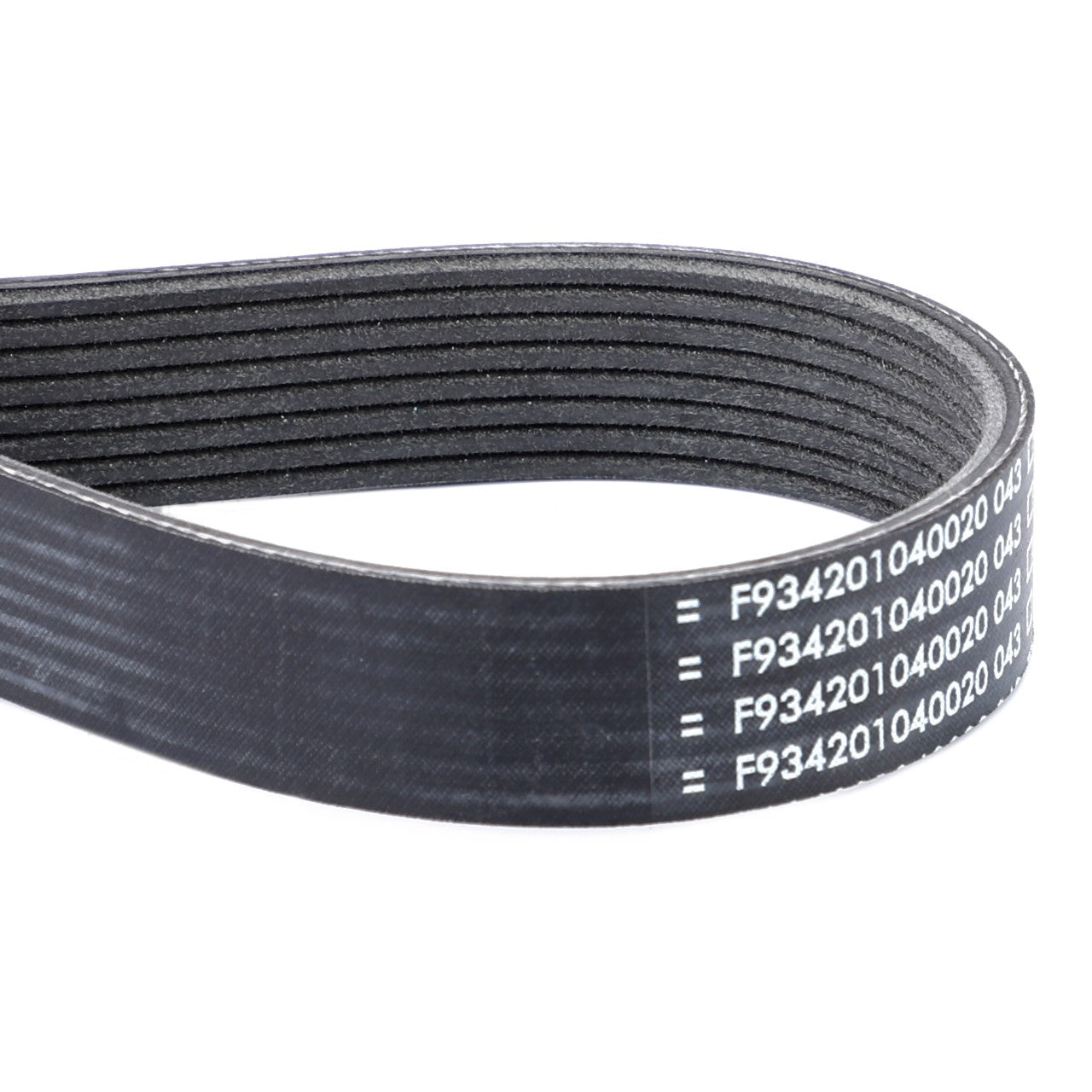 A black, multi-ribbed AGCO Serpentine Belt (Pk8 Profile - F934201040020), featuring white printed alphanumeric codes on its surface, is coiled in a loop, making it perfect for your Massey Ferguson or Fendt Vario. Trust AGCO Genuine Serpentine Belts for reliable performance.