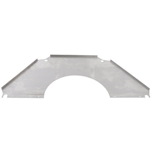 The AGCO | PLATE - D28286682 by AGCO is a flat, gray metal sheet with a semicircular cutout in the middle, various angular edges, and multiple screw holes.