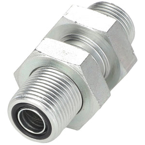 The AGCO Bulkhead Connector - Acw1948930 is a metal hex nipple fitting with threaded ends and a rubber gasket, designed for securely connecting pipes or hoses.