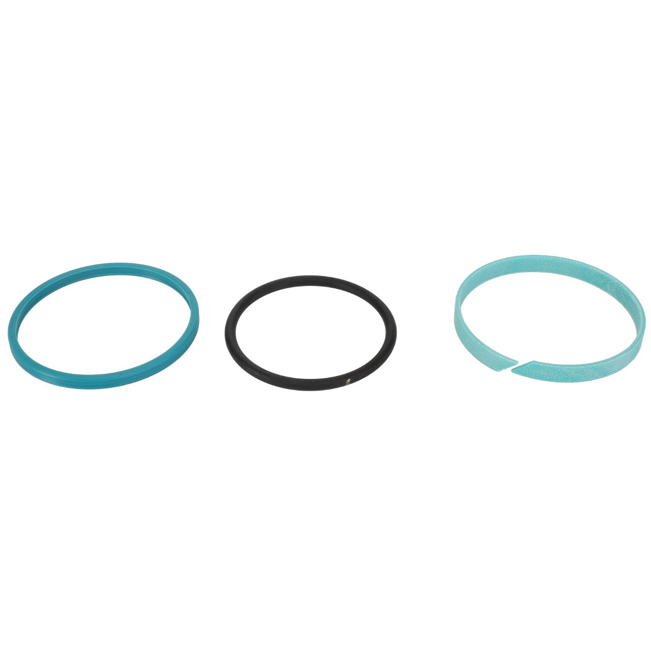 Three O-rings from the AGCO SEAL KIT - F931870051200 are aligned side by side. The left and right O-rings are teal, and the middle one is black. The O-ring on the right is slightly broken at one end, but no additional product description information is available to provide further details.