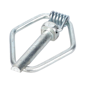 Close-up of a Safety Pin - Acw1086150 by AGCO, featuring a metal hitch pin with a spring-loaded clip attached to a triangular ring. No Current Product Description Information Is Available for further details.