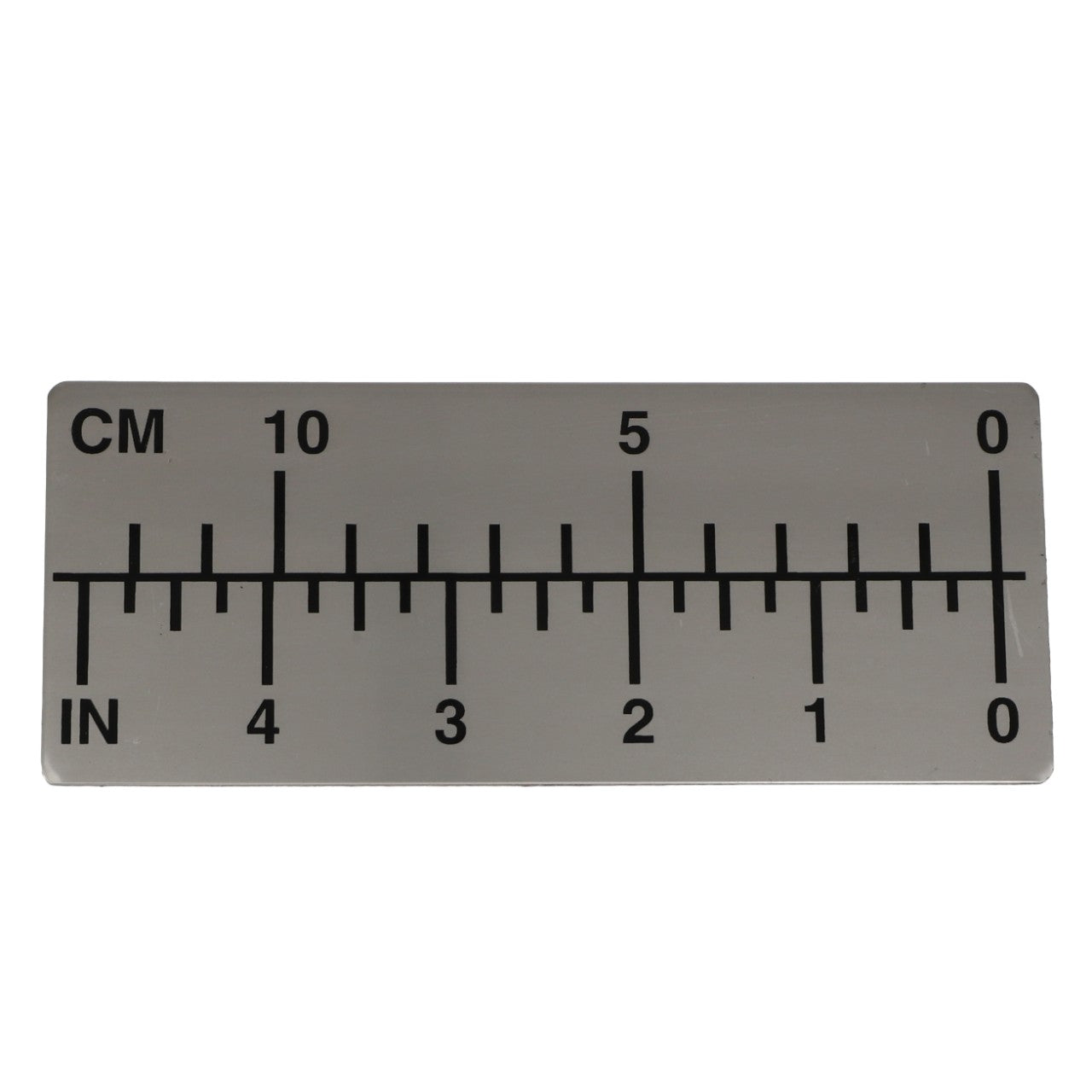 The AGCO INFORMATIONAL DECAL - AG610783 from the brand AGCO features a dual-scale ruler displaying centimeters on the top and inches on the bottom, with markings extending up to 10 cm and 4 inches. Set against a rectangular, gray background, please note that no current product description information is available.