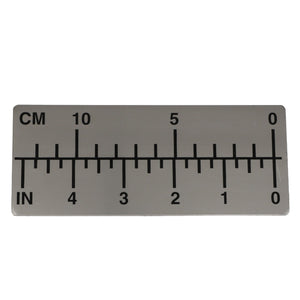 The AGCO INFORMATIONAL DECAL - AG610783 from the brand AGCO features a dual-scale ruler displaying centimeters on the top and inches on the bottom, with markings extending up to 10 cm and 4 inches. Set against a rectangular, gray background, please note that no current product description information is available.