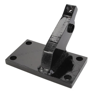 The AGCO BRACKET, LEFT HAND - D46150592 is a black metal bracket with a rectangular base featuring four holes. The upper part extends upward at an angle, ending in a single hole. No current product description information is available for this item from AGCO.