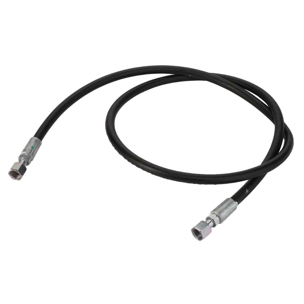 The AGCO Hydraulic Hose - Acw0413590 is a resilient, black hydraulic hose with metal connectors on both ends, elegantly coiled in a single loop.