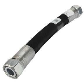 A black hydraulic hose featuring silver hexagonal metal fittings on both ends, complete with identification labels. No detailed product description is currently available for the AGCO WARNING DECAL - ACP0537310 by AGCO.
