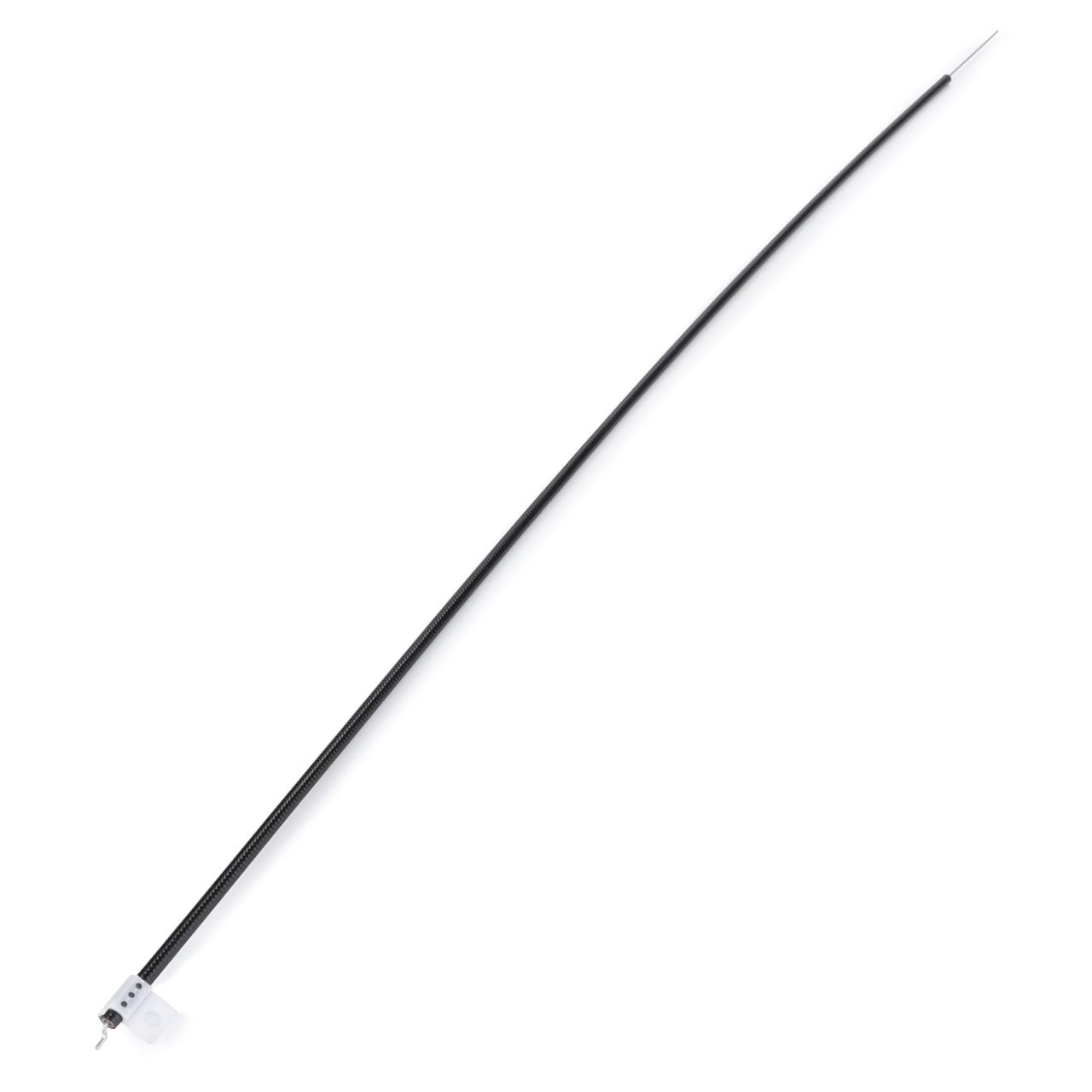 A long, thin, black flexible antenna with a small white plastic connector at one end, suitable for Massey Ferguson models - AGCO's Cable, Heater Control (4271161M1).