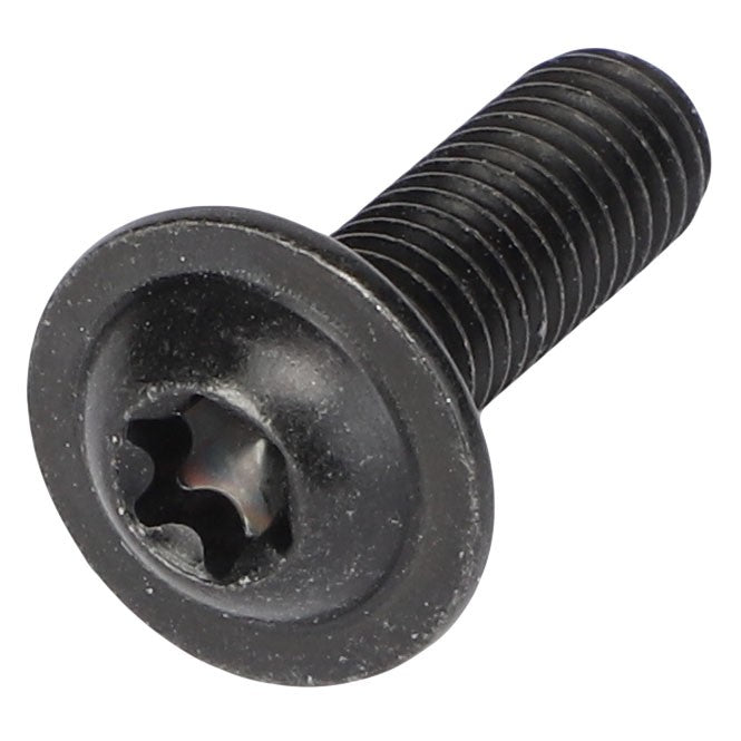 The AGCO Button Head Screw - Acw1402770 from AGCO is a black Torx screw featuring a flat, wide head and threaded body, making it perfect for ensuring secure assembly in machinery like the Massey Ferguson IDEAL.