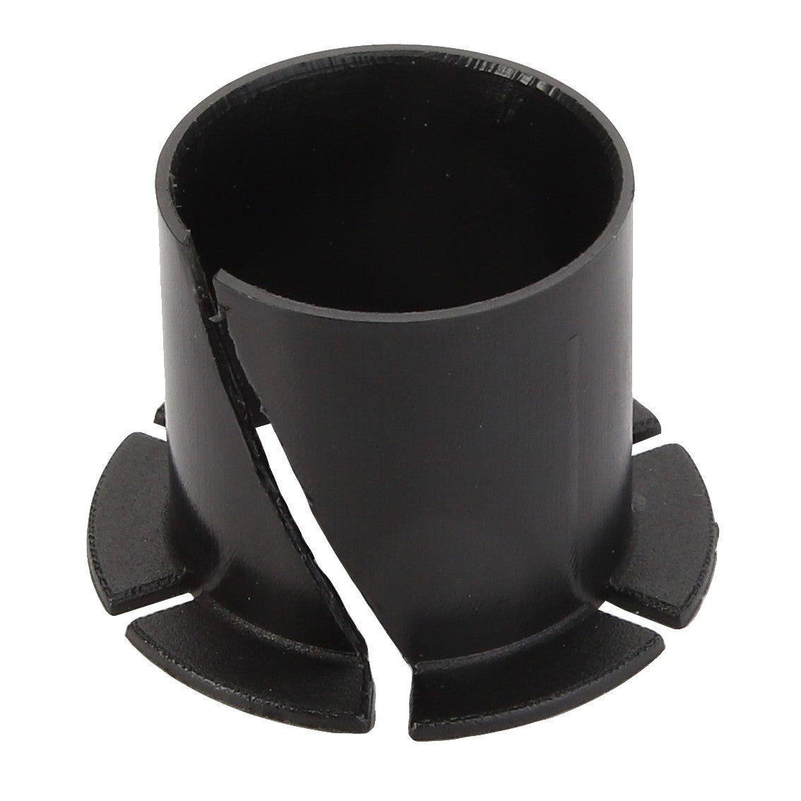 A broken black cylindrical plastic part with a flared base and triangular cut-outs, split down the middle. Product Name: AGCO | BUSH - D26735985 by AGCO. No current product description information is available.