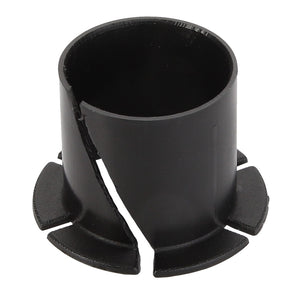 A broken black cylindrical plastic part with a flared base and triangular cut-outs, split down the middle. Product Name: AGCO | BUSH - D26735985 by AGCO. No current product description information is available.