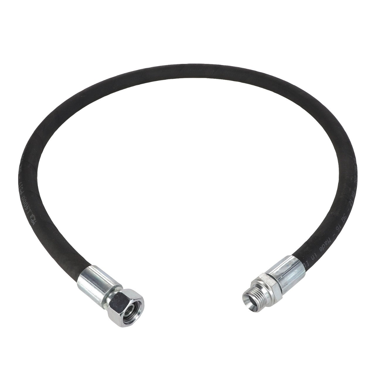 A black rubber AGCO hose (model AL1103272) with metal connectors on both ends, curved into a partial circle, against a white background.