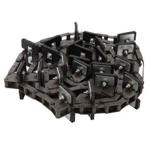 A close-up of the AGCO Chain, Return Elevator (D28550407) reveals multiple interlocking metal links and black rectangular attachments, showcasing its design for optimal performance.