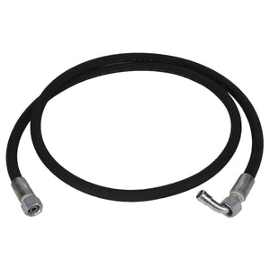 The AGCO | HYDR. HOSE - AL1103110 is a black hydraulic hose with metallic fittings at each end, featuring one straight and one angled fitting. It measures 3/8" in diameter and has a length of 1800 mm.