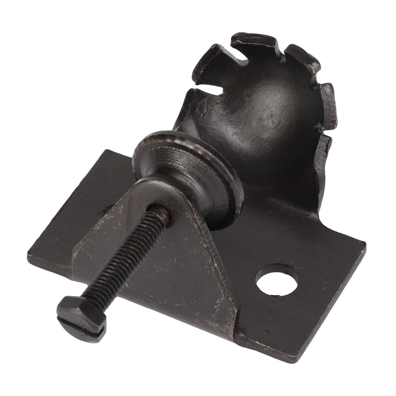 Introducing the AGCO BRACKET - ACP0523410, a metal clamp featuring a threaded screw and a circular, serrated clamping end on a base with a mounting hole. This product from AGCO is designed for easy ordering through our support team.