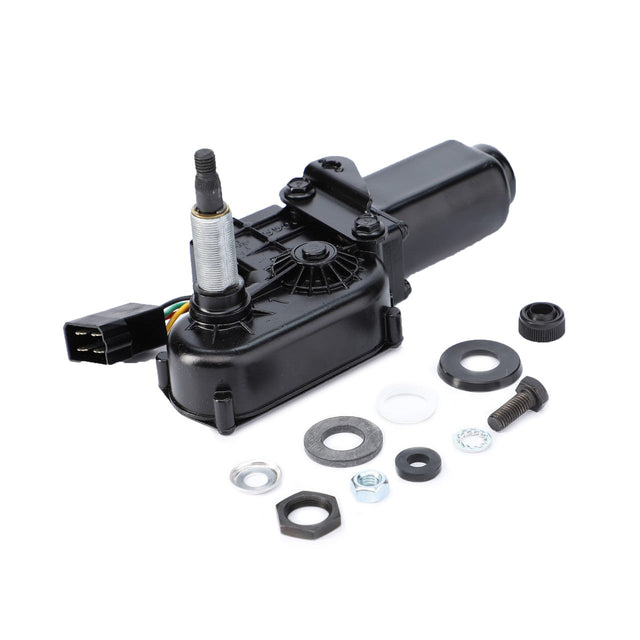 The AGCO Wiper Motor, Rear Window - 3715610M2 is a black automotive part that includes various small components such as washers, bolts, and a connector. It is designed for visibility and safety and is suitable for Massey Ferguson models featuring AGCO Genuine Wiper Motors.