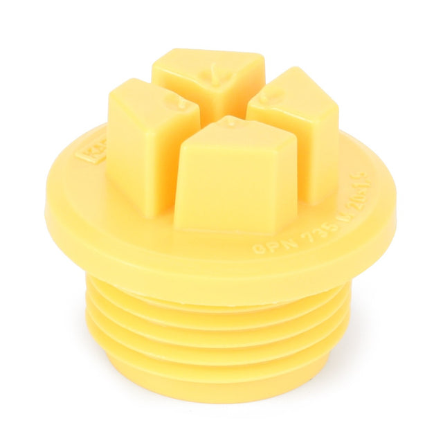 The AGCO Plug - 4354625M1 is a yellow plastic threaded plug with a flat top featuring four raised, triangular-shaped points, compatible with Massey Ferguson machinery.