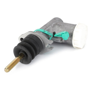 The AGCO Clutch Master Cylinder - 4281625M2 features a gold-colored push rod, black rubber boot, and a white reservoir cap, set against a white background. No current product description available.