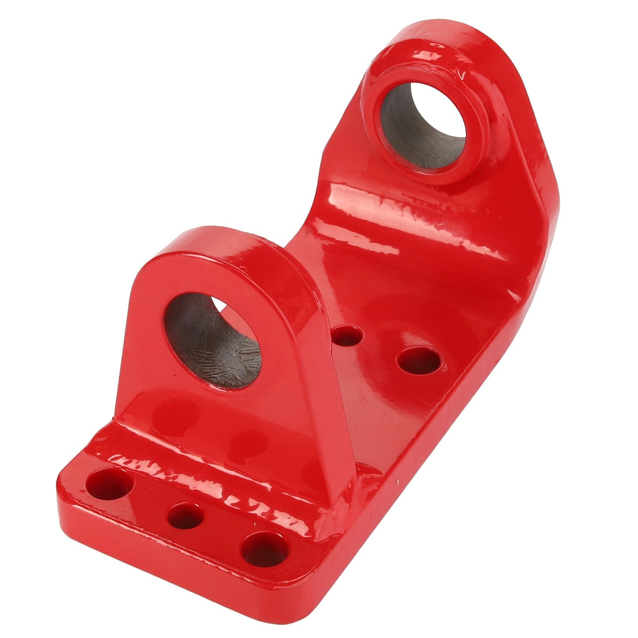 A red metal AGCO hinge half, model FEL15289401, featuring multiple mounting holes and two larger end holes likely intended for securing or pivoting. No current product description available.