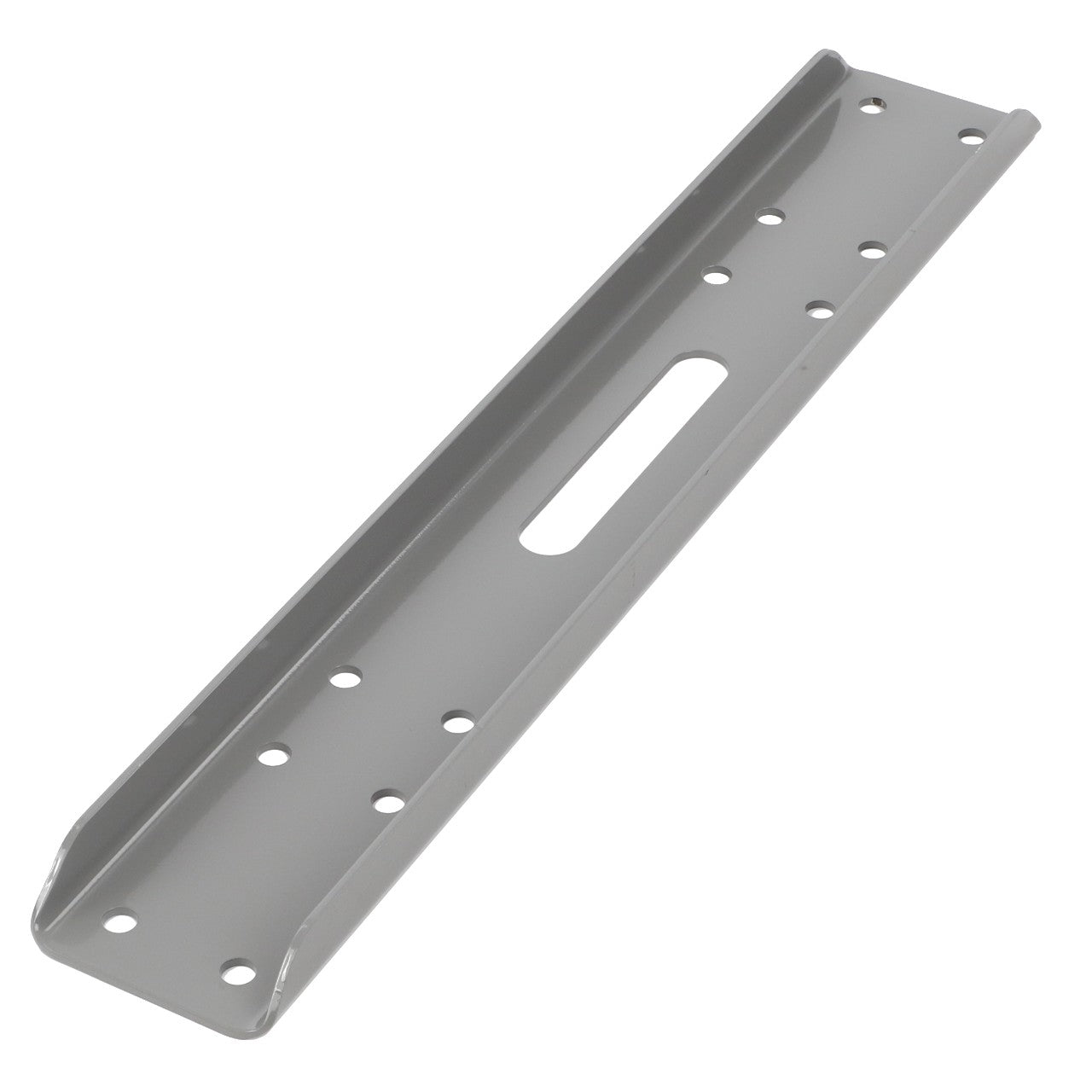 The AGCO | BRACKET - D28182596 is a metallic gray bracket featuring multiple holes and a central elongated slot, along with upturned edges on the longer sides. Currently, no additional product description information is available.