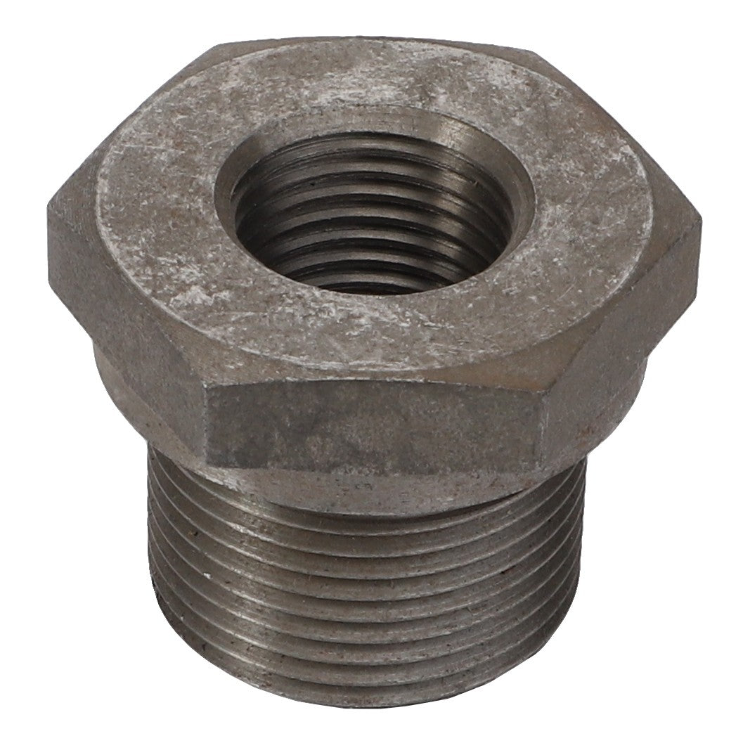 The AGCO threaded bush - V836122820 is a stainless steel pipe reducer fitting with a sturdy hexagonal section.