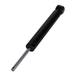 There is currently no product description available for the AGCO Shock Absorber - F145504030110, a single black hydraulic shock absorber with a metal rod extended, isolated on a white background.