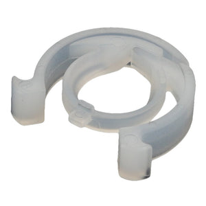 The AGCO | Clip - Acp0446180 is a transparent plastic pipe clip featuring a circular design with two protruding hooks on either side. No current product description available.