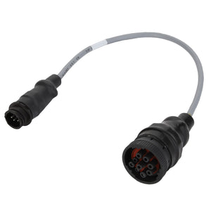 The AGCO | Cable - Fel139944 by AGCO is a black electrical cable featuring connectors on both ends, with a multi-pin male connector on the left and a multi-pin female connector on the right. Current product description not available.