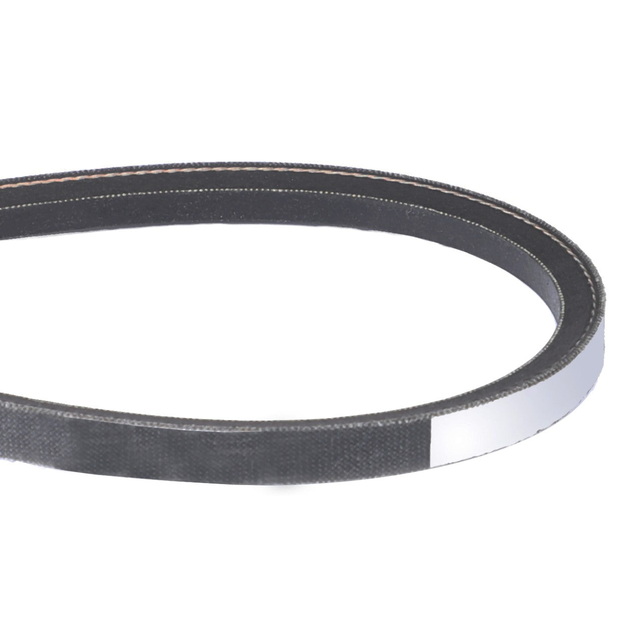 The AGCO | V-Belt - 0.010.2697.1 is a black rubber belt featuring a white marking on its side, engineered for noise reduction and optimal performance.