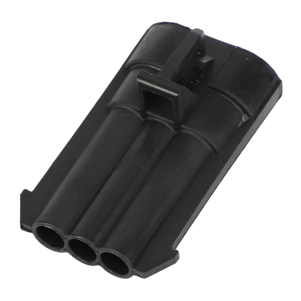 The AGCO CONNECTOR - AG521381, a black, three-port electronic connector with a rectangular clip on top, is positioned starkly against a pristine white background.