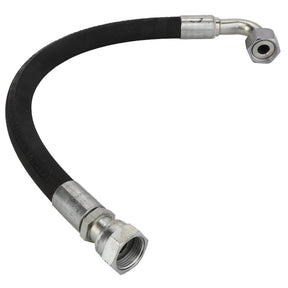 The AGCO Hydraulic Hose - Acw3484480 is a flexible hydraulic hose featuring metallic connectors on both ends, including one straight and one elbow-shaped fitting. Unfortunately, no current product description information is available.